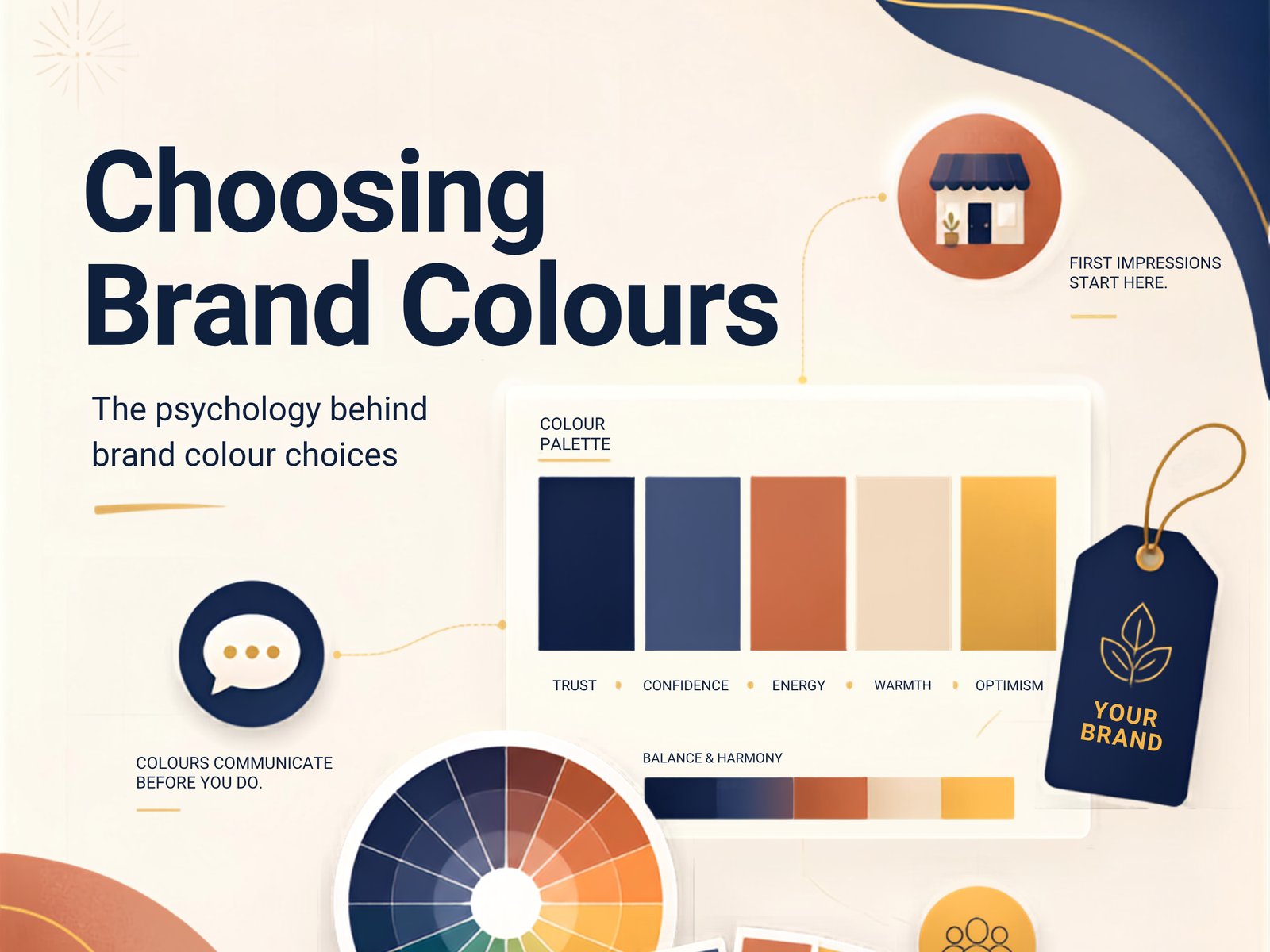 Brand colour palette and colour wheel showing how colour choices communicate trust, energy and warmth