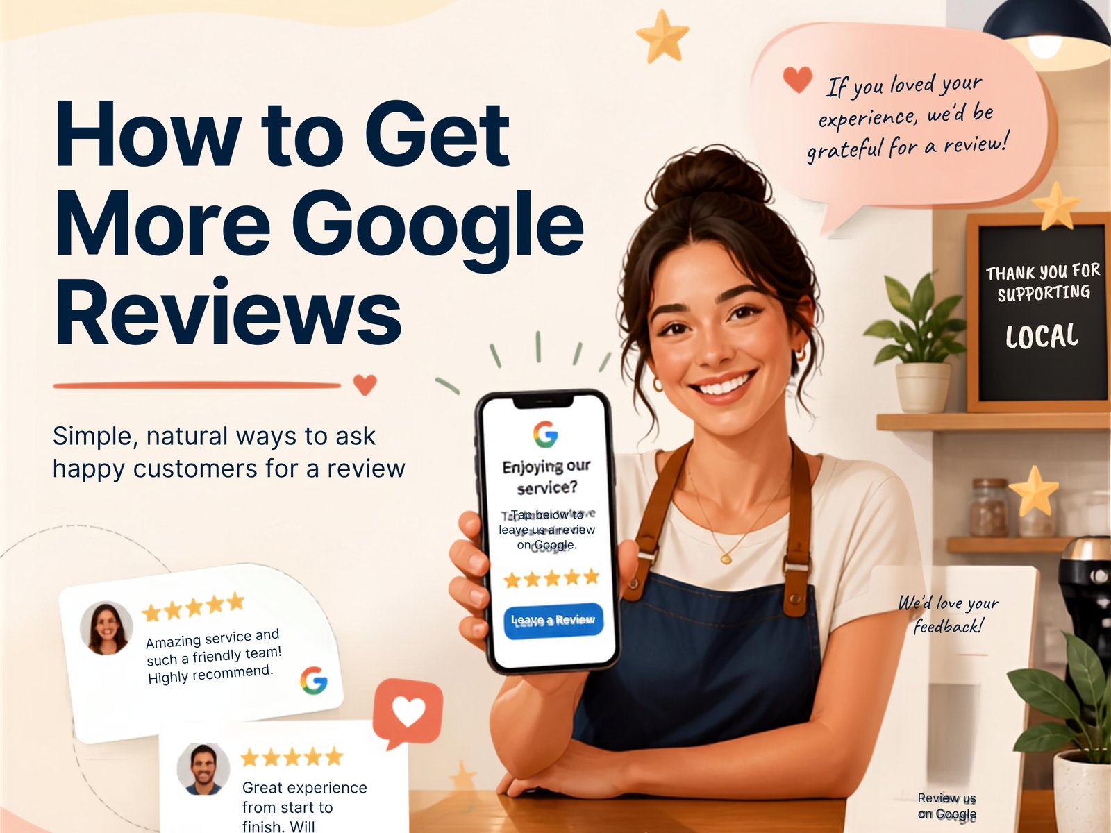 A shop owner holding up a phone prompting a customer to leave a Google review