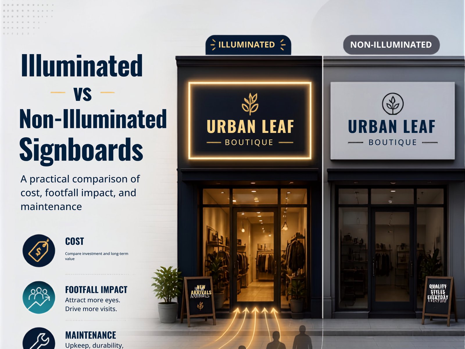 Side-by-side comparison of an illuminated versus non-illuminated shopfront signboard