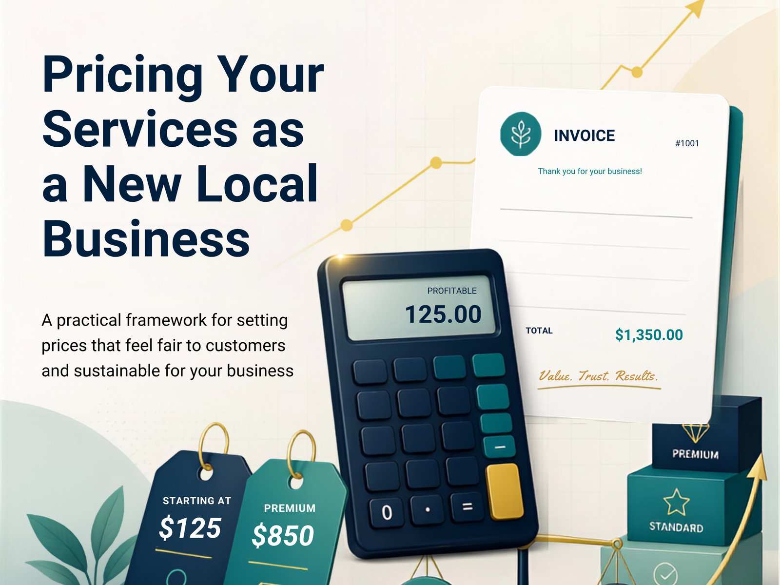 Pricing framework illustration — calculator, invoice and price tags balancing customer value against business sustainability