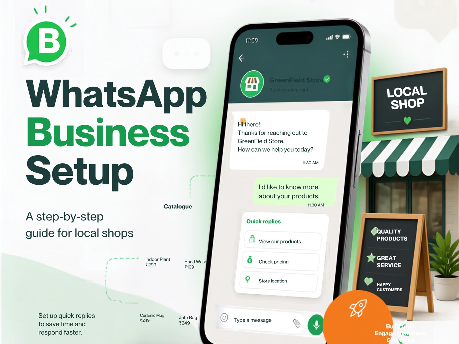 WhatsApp Business chat showing a shop's quick replies, catalogue and greeting message